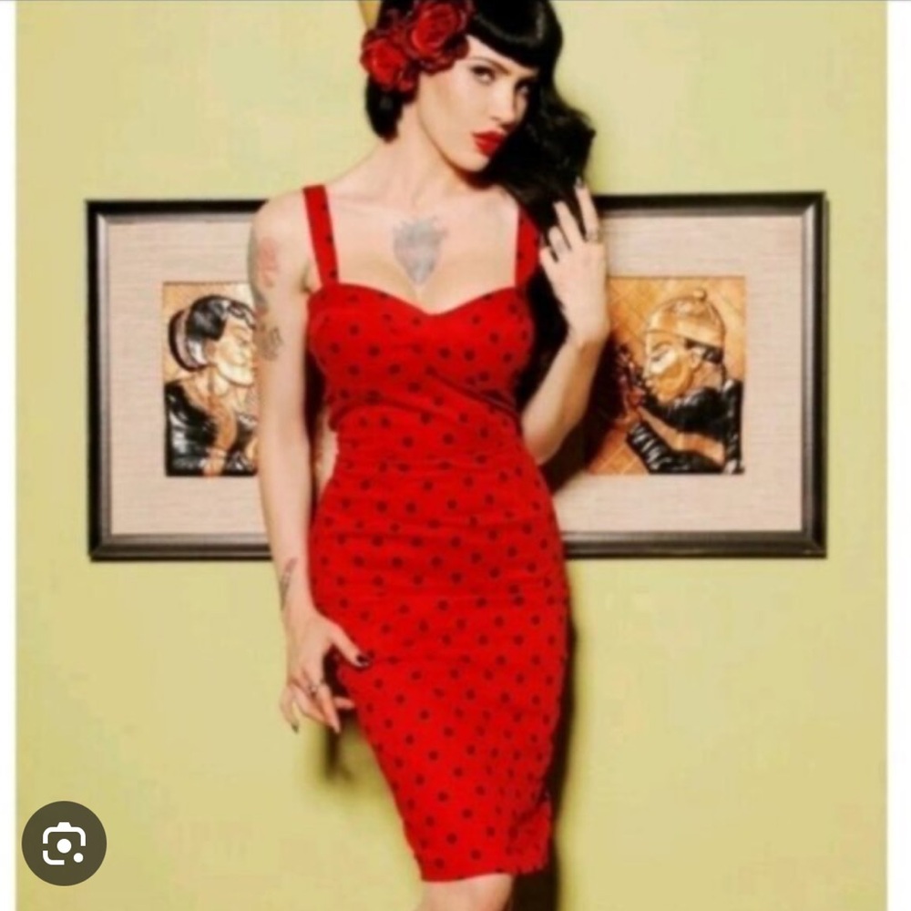 Deadly Dames Vamp Pencil Dress Red with black polka dot Large EUC